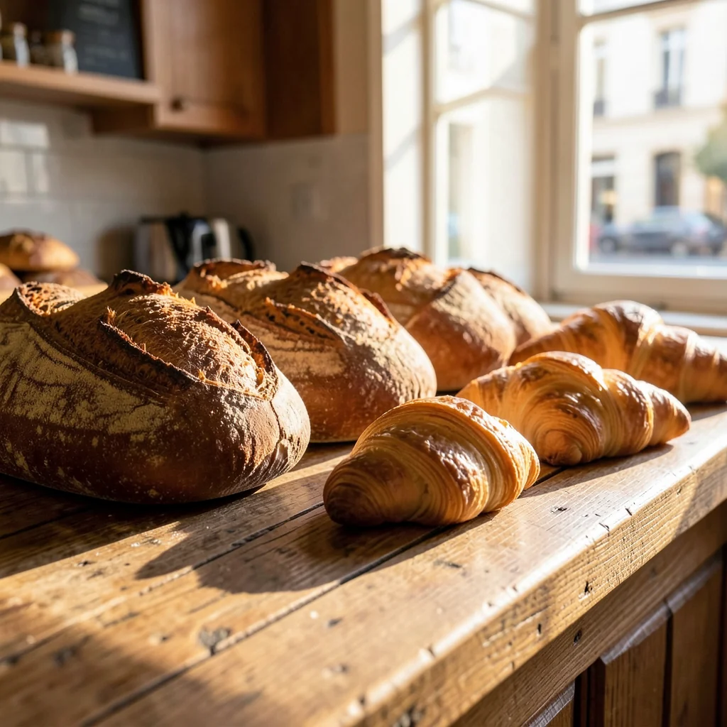Image d'ambiance générée par l'outil : comptoir d'une boulangerie avec des pains et des viennoiseries frais.