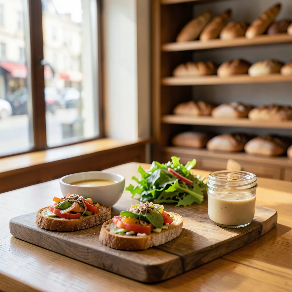 Image d'ambiance générée par l'outil : planche avec deux tartines sur pain au levain, un bol de soupe, une salade et un dessert en pot, devant les étagères à pain d'une boulangerie.