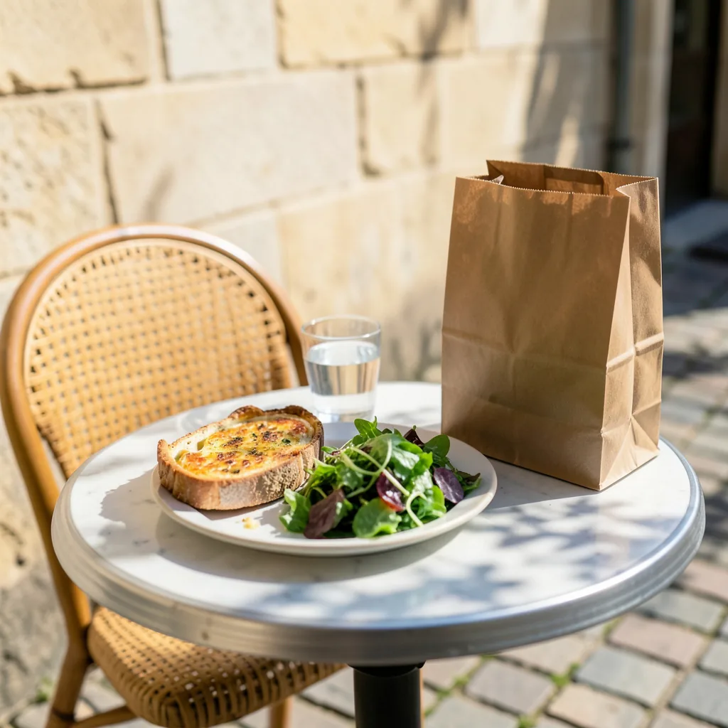 Image d'ambiance générée par l'outil : table de terrasse au soleil avec une tartine gratinée, une salade, un verre d'eau et un sac kraft à emporter.