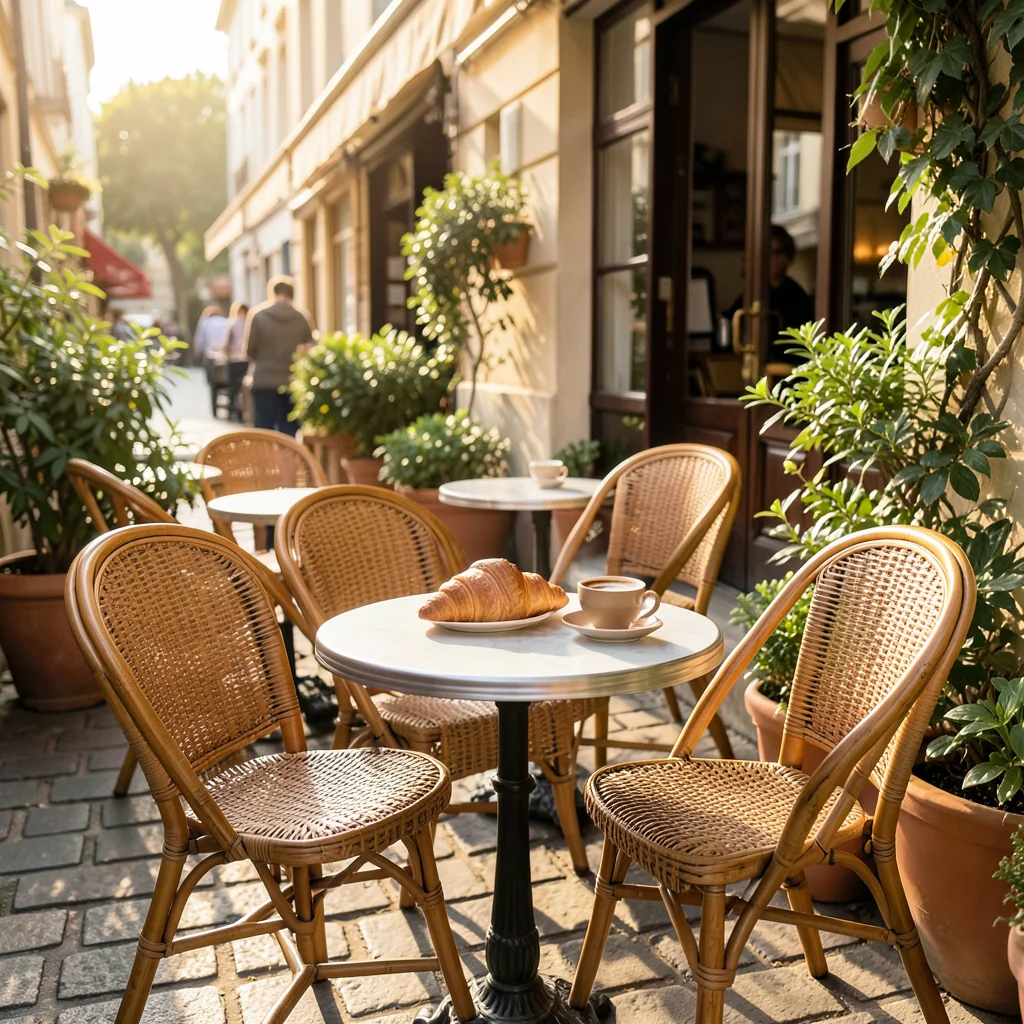 Image d'ambiance générée par l'outil : terrasse d'un café avec tables rondes et chaises en osier.